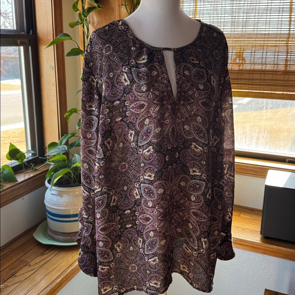 J.JILL plus SZ 2X Keyhole Paisley Blouse purple/brown long bell sleeve career